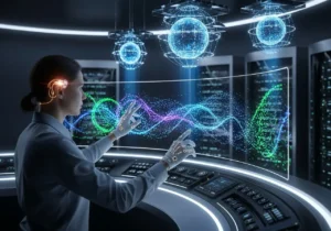 Nainen futuristisessa toimistossa tietokoneen näytön äärellä